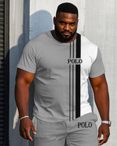 Men's Plus Size White & Grey Colorblock Short Sleeve T-Shirt Shorts Suit